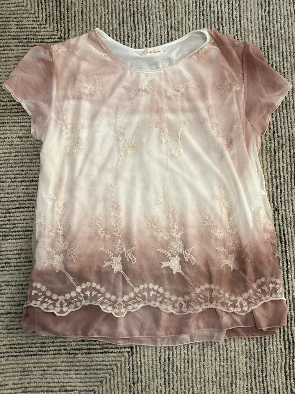 Simply Couture Fairy Pink Lace Tunic Top Ombré Floral Embroidered Short Sleeve
